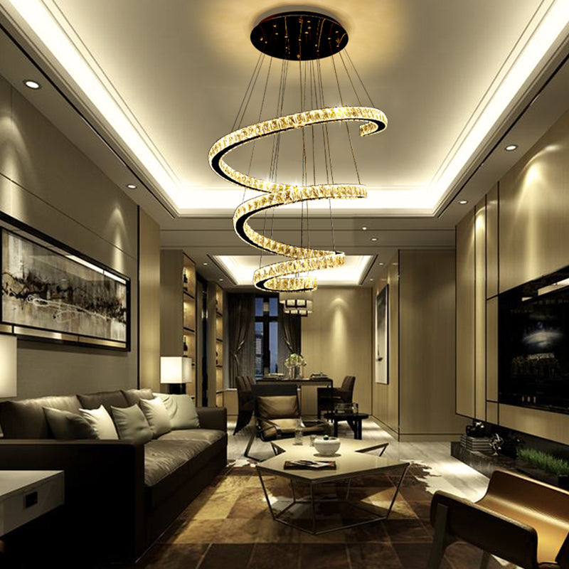 Cristal incrusté en spirale lustre pendentif lumineuse simplicité en acier inoxydable