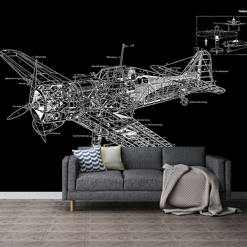 Airplane Design Wall Mural Decal for Accent Wall, Black and White, Personalized Size Available