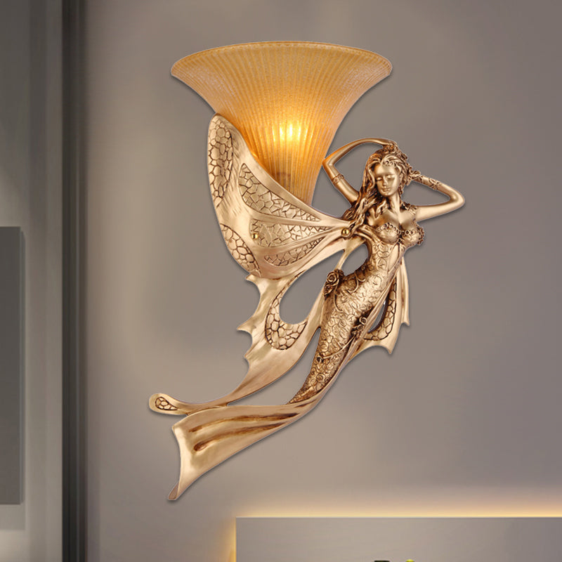 Resin Gold Wall Sconce Mermaid 1-Light Rustic Style Wall Mounted Lamp with Cone Ribbed Glass Shade