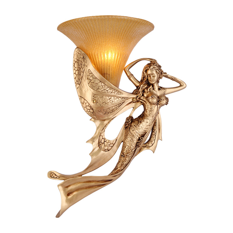 Resin Gold Wall Sconce Mermaid 1-Light Rustic Style Wall Mounted Lamp with Cone Ribbed Glass Shade