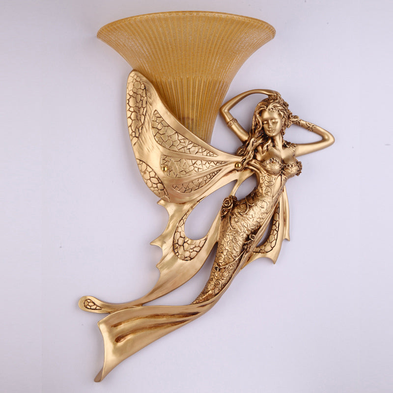 Resin Gold Wall Sconce Mermaid 1-Light Rustic Style Wall Mounted Lamp with Cone Ribbed Glass Shade