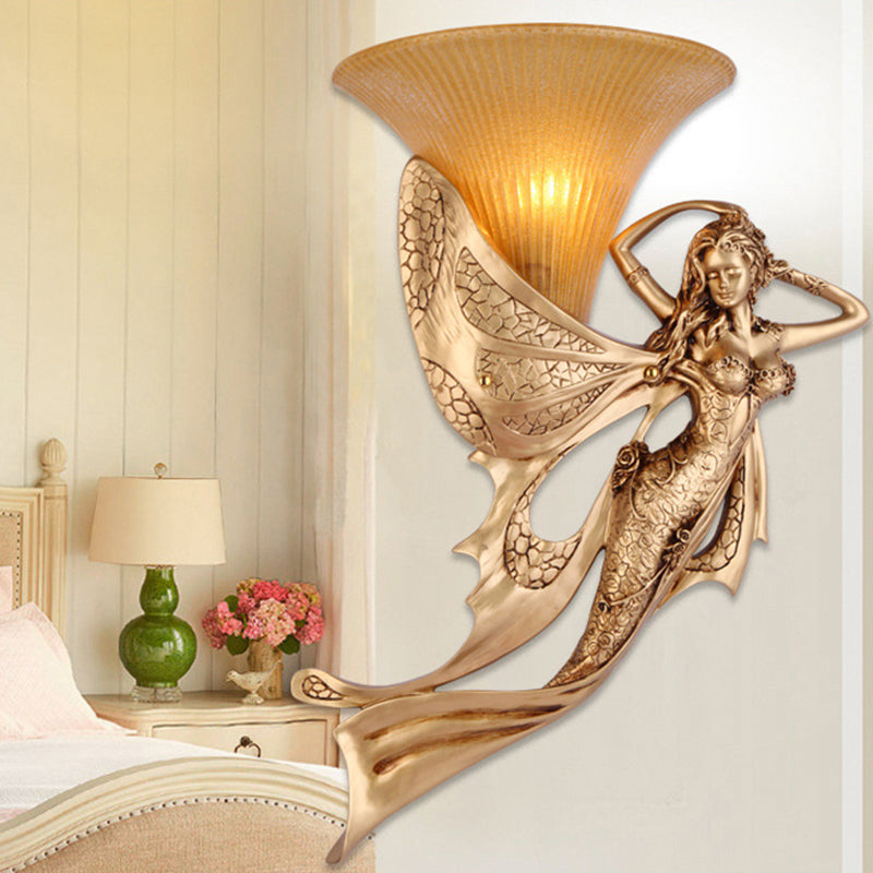 Resin Gold Wall Sconce Mermaid 1-Light Rustic Style Wall Mounted Lamp with Cone Ribbed Glass Shade