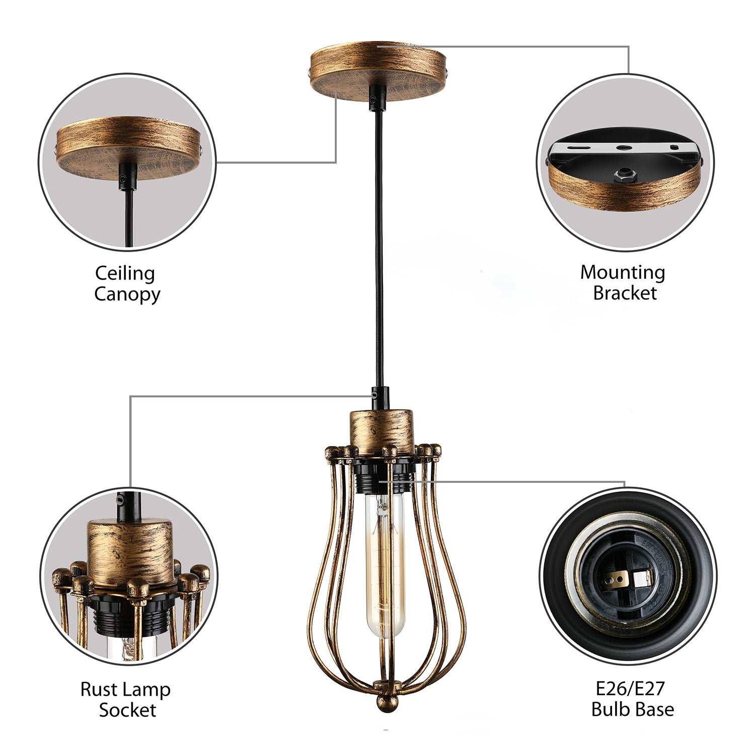 Luce a ciondolo in metallo in gabbia industriale 1 sala da pranzo lampadina a sospensione con tonalità di lacrima in ottone/bianco/nero