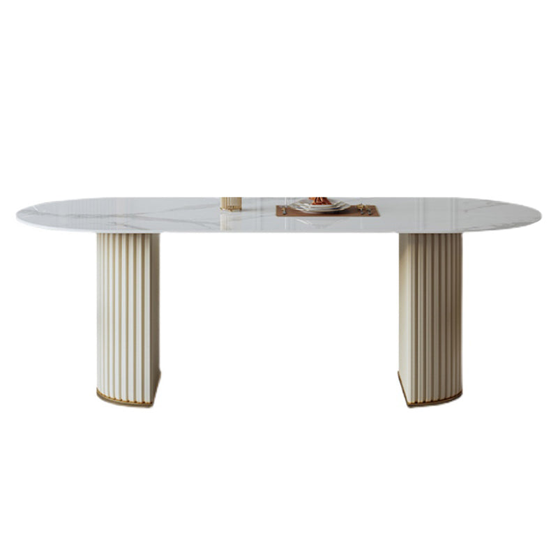 Traditional Luxury Dining Table Oval Sintered Stone Table with Double Pedestal Base