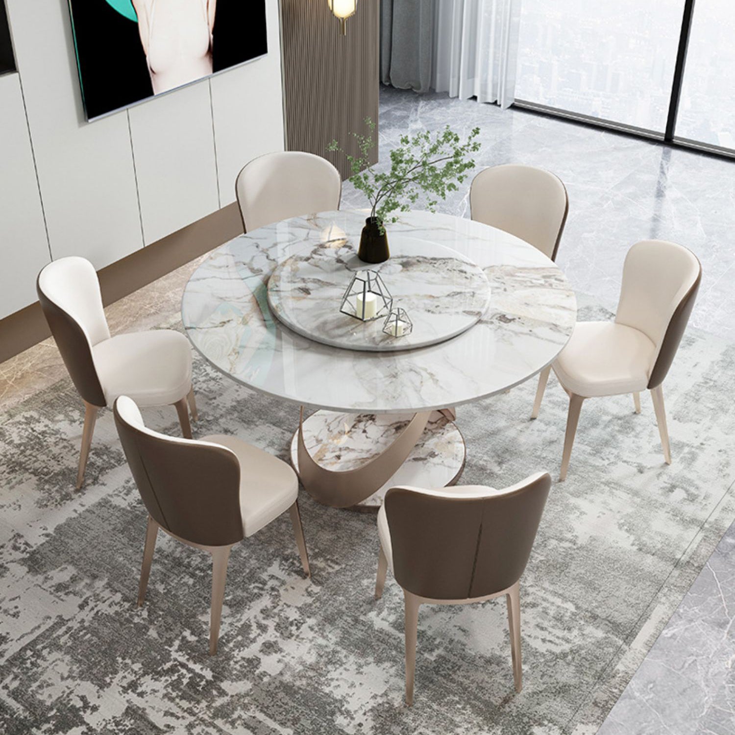 Modern Round Drop-leaf Table Stone with Metal Base Pedestal Dining Table