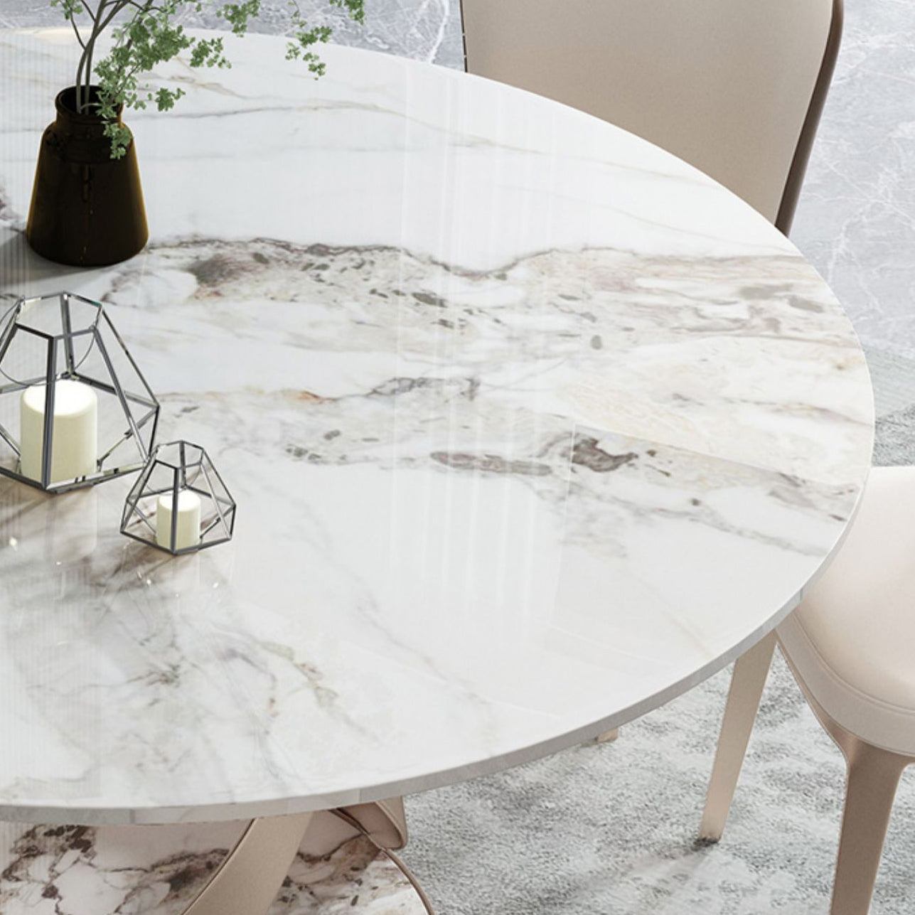 Modern Round Drop-leaf Table Stone with Metal Base Pedestal Dining Table