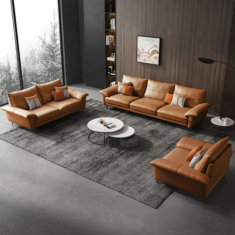 Brown Genuine Leather Sectional Sofa Set Pillow Top Arm Sectionals Couch with Pillows