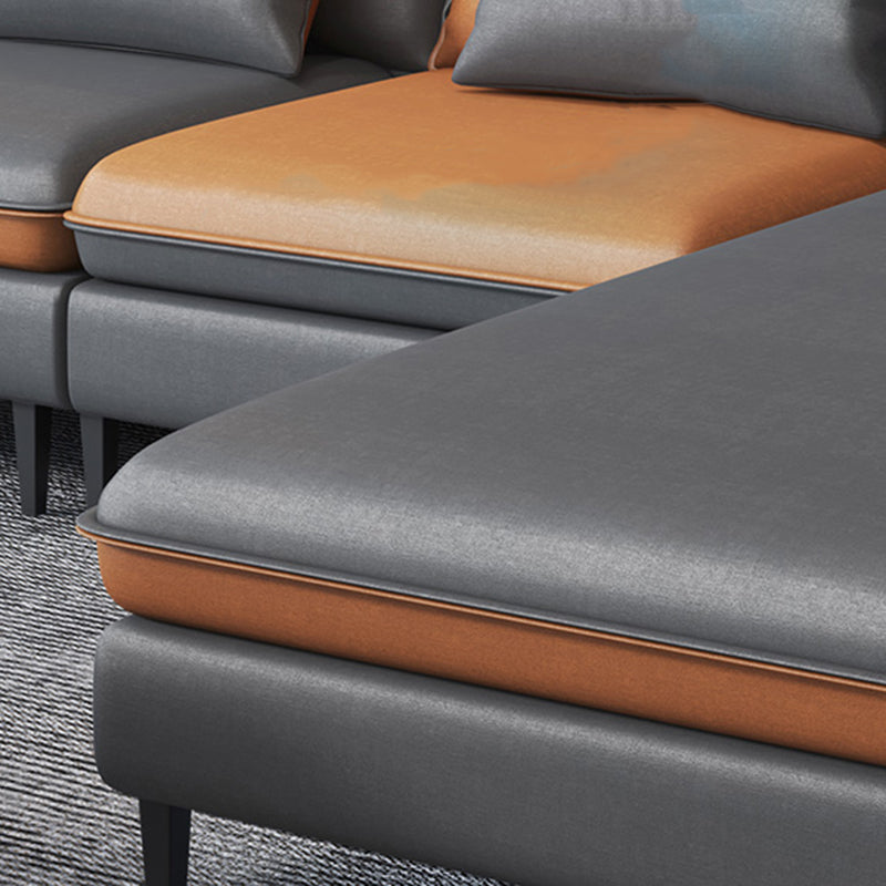 Faux Leather Square Arm Sectional with Pillowed Back Cushions, Stain Resistan