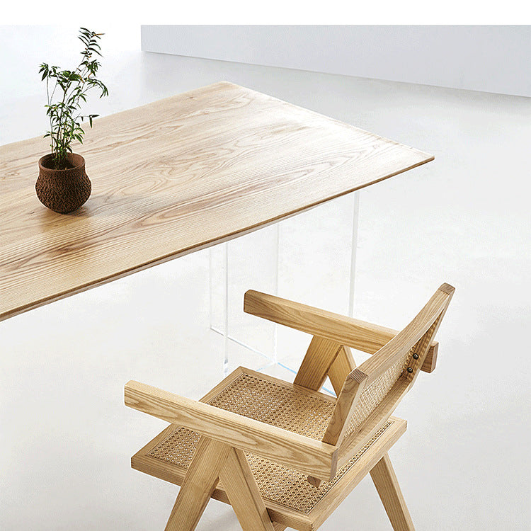 Wood Top Dining Table Modern Rectangle Table with Double Pedestal Base