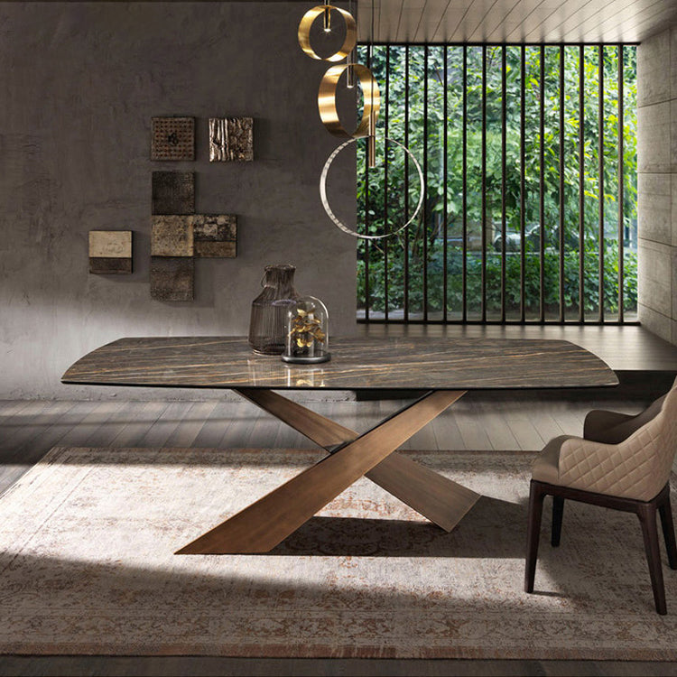 Traditional Luxury Dining Table Stone and Metal Pedestal Casual Dining Table
