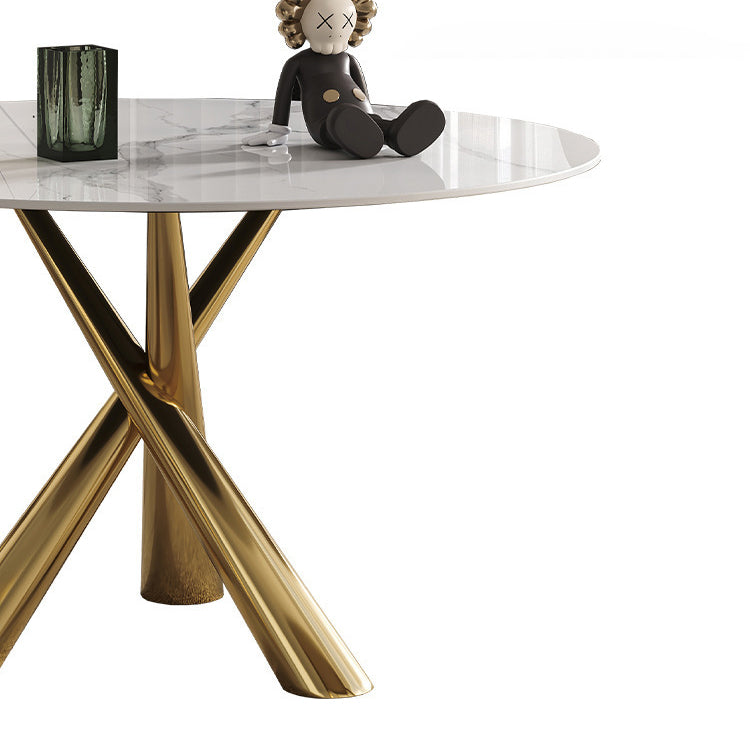 Stone Top Dining Table Contemporary Dining Table with Pedestal Base in Gold