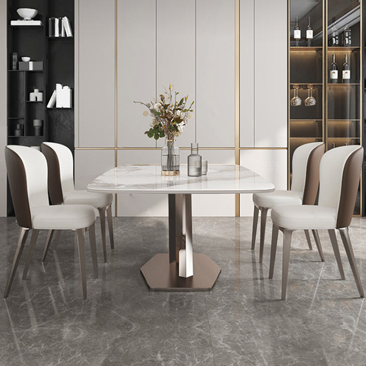 Modern Dining Table Rectangle Stone Top Table with Stainless Steel Pedestal Base
