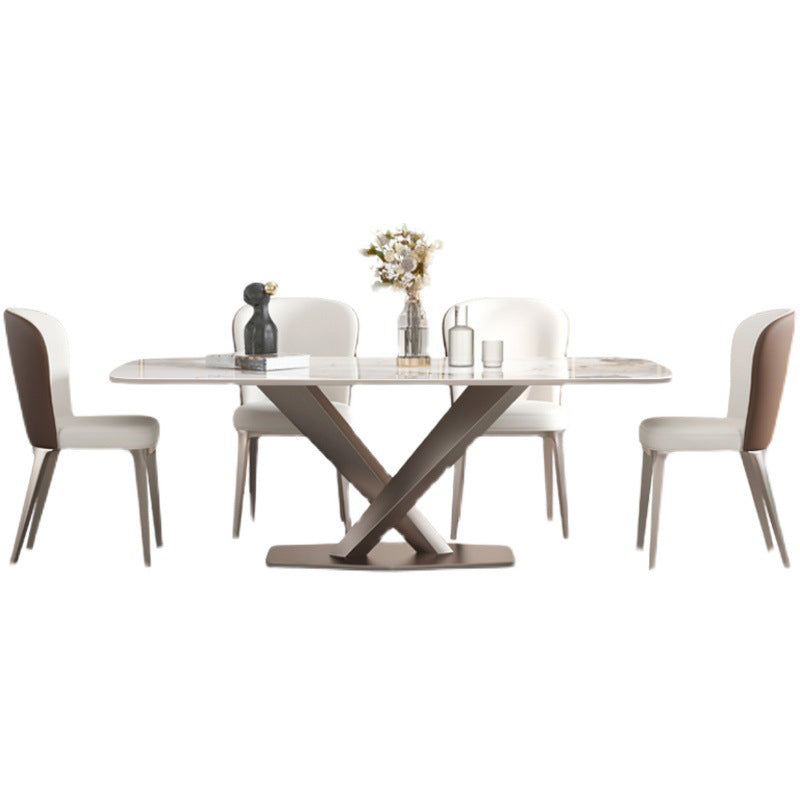 Modern Dining Table Rectangle Stone Top Table with Stainless Steel Pedestal Base