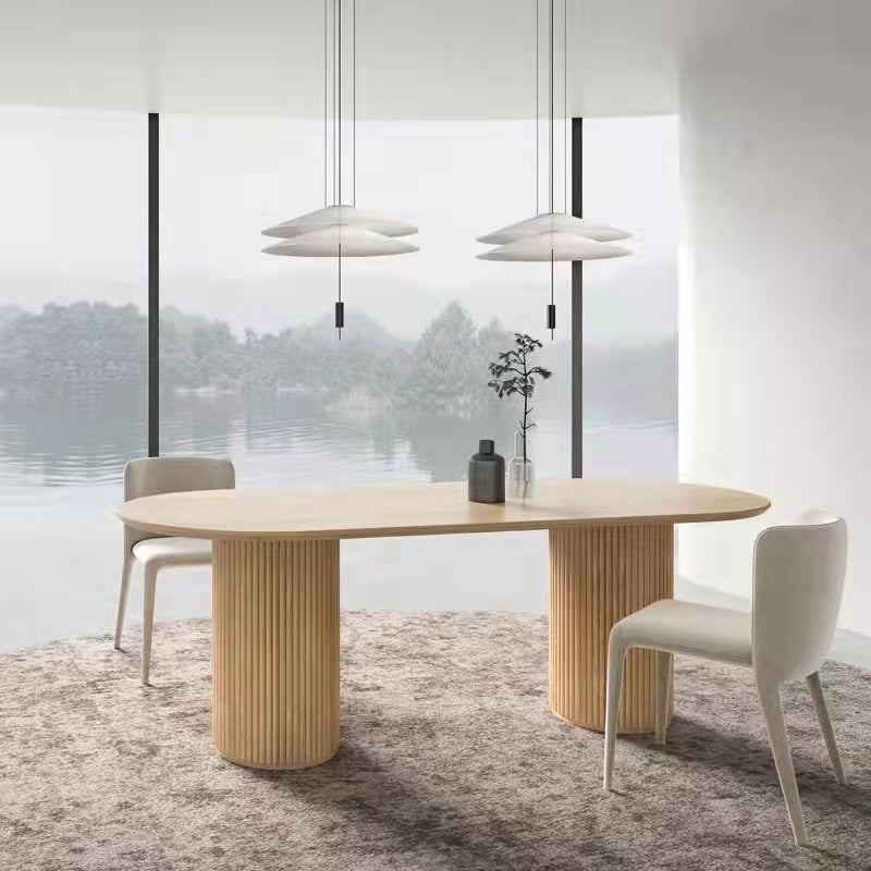 Table à manger ovale moderne en pierre frittée avec base à double piédestal