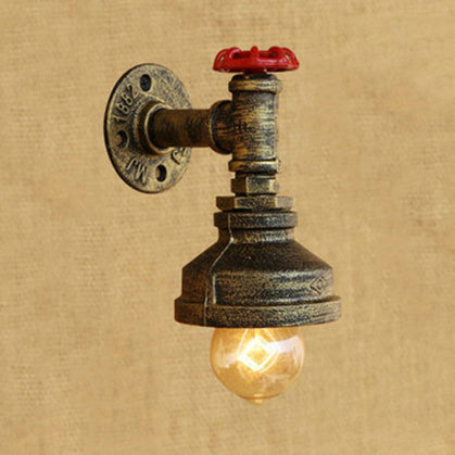 Water Pipe Metal Wall Lighting Rustic Style 1 Light Restaurant Wall Mounted Lamp with Red Valve in Bronze/Antique Brass
