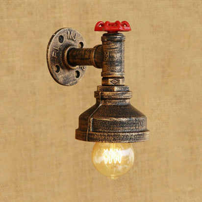 Water Pipe Metal Wall Lighting Rustic Style 1 Light Restaurant Wall Mounted Lamp with Red Valve in Bronze/Antique Brass