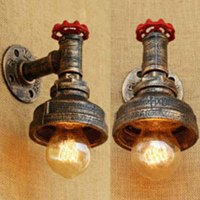 Water Pipe Metal Wall Lighting Rustic Style 1 Light Restaurant Wall Mounted Lamp with Red Valve in Bronze/Antique Brass