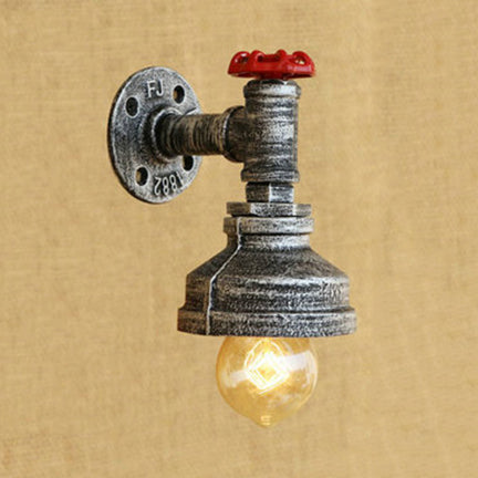 Water Pipe Metal Wall Lighting Rustic Style 1 Light Restaurant Wall Mounted Lamp with Red Valve in Bronze/Antique Brass