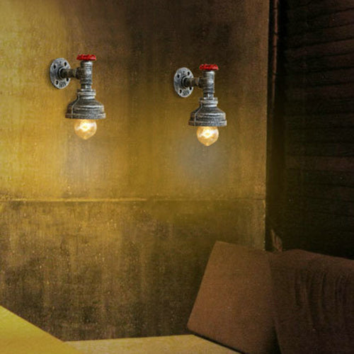 Water Pipe Metal Wall Lighting Rustic Style 1 Light Restaurant Wall Mounted Lamp with Red Valve in Bronze/Antique Brass