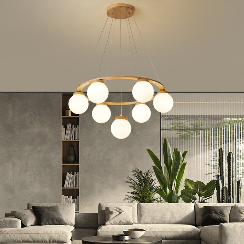 Circle Pendant Chandelier Minimalist Wooden Ceiling Hung Fixture for Living Room