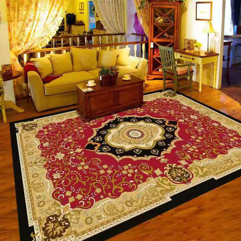 Wine Red Graphic Rug Polyester Luxury Rug Stain Resistant Rug for Drawing Room
