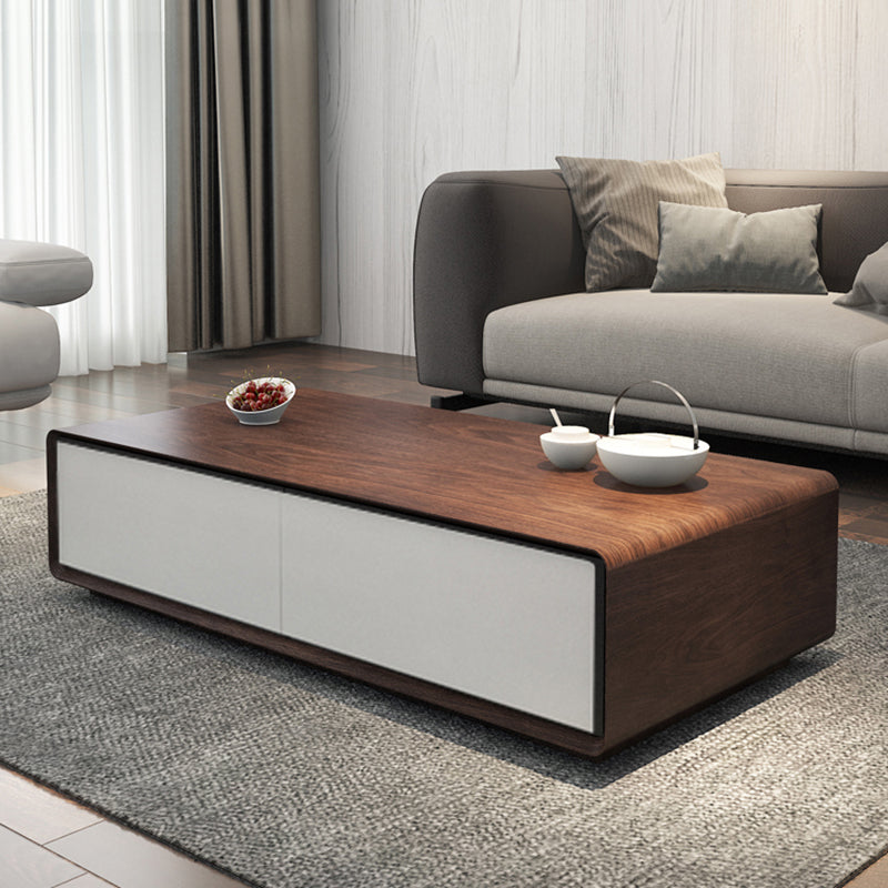Wooden Block Cocktail Table with Drawers Rectangle Coffee Table in Natural