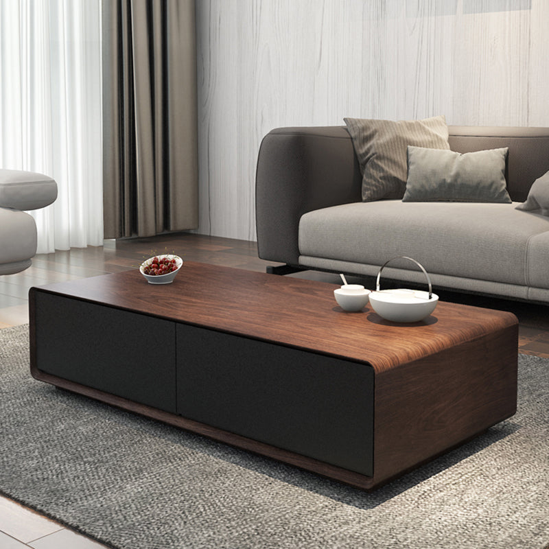 Wooden Block Cocktail Table with Drawers Rectangle Coffee Table in Natural