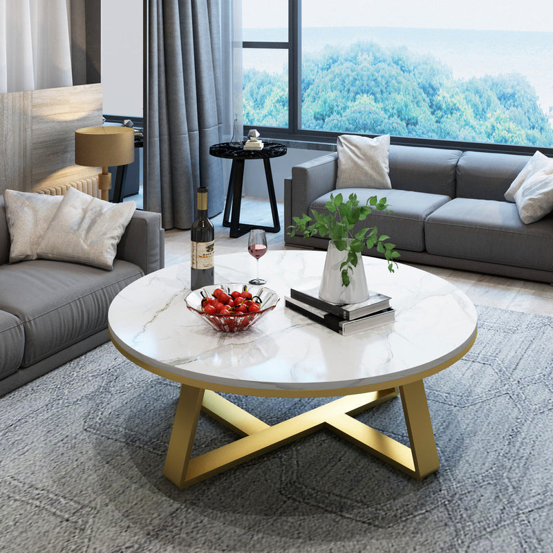 Modern Round Marble Coffee Table Metal Cross Legs Coffee Table