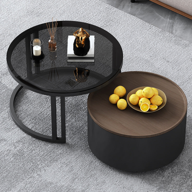 Modern Style Wooden&tempered Glass Top Circular Nested Coffee Table