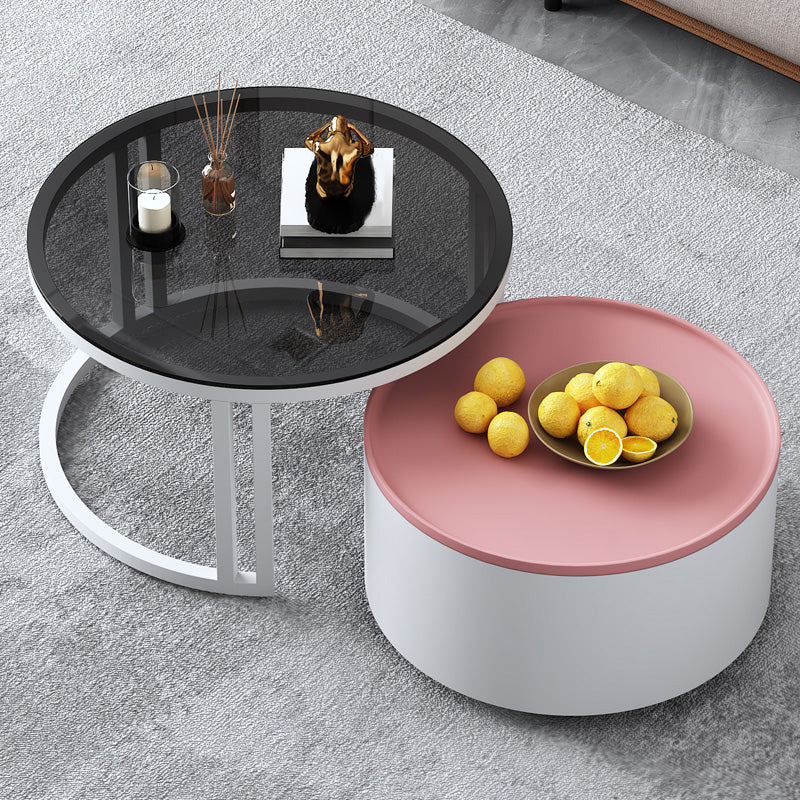 Modern Style Wooden&tempered Glass Top Circular Nested Coffee Table