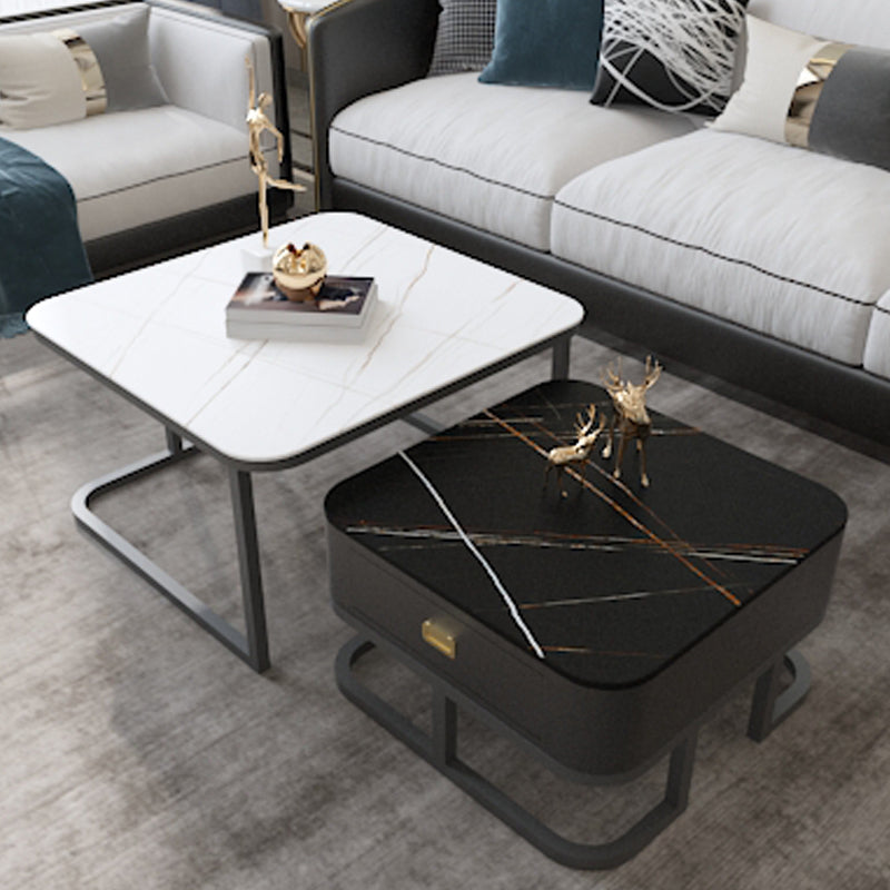 Round Slate/ Glass Coffee Table Frame 2 Nesting Cocktail Table with Storage