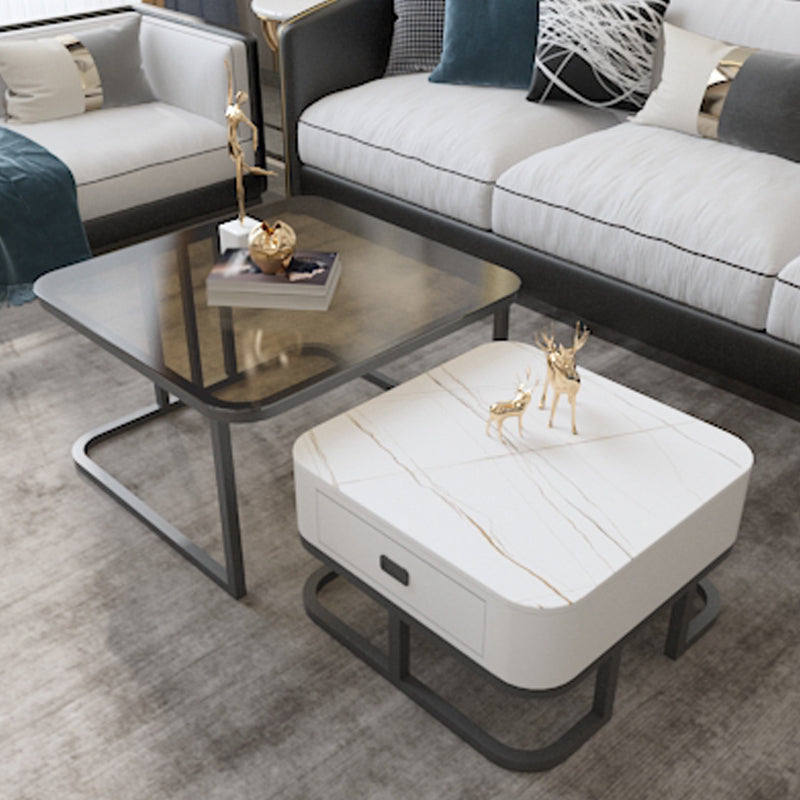 Round Slate/ Glass Coffee Table Frame 2 Nesting Cocktail Table with Storage