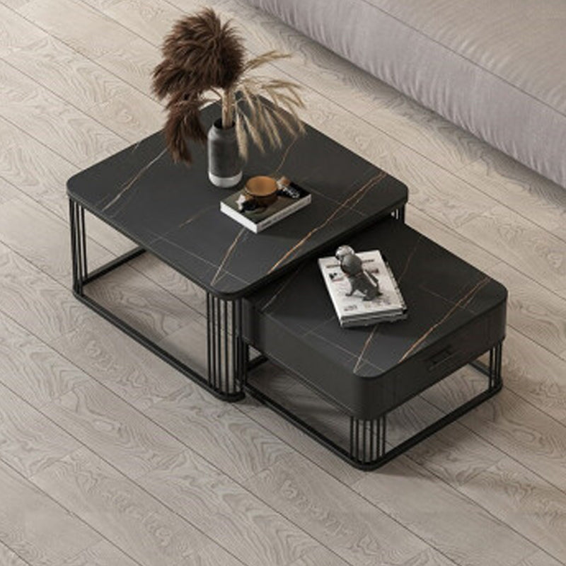 Square Slate Top Coffee Table with Drawers Frame Base 2 Nestling Cocktail Table