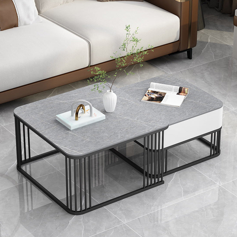 Square Slate Top Coffee Table with Drawers Frame Base 2 Nestling Cocktail Table