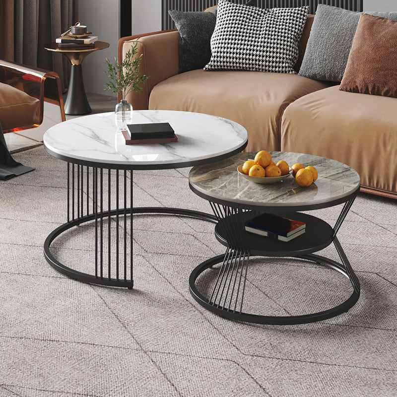 Round White Slate Coffee Table with Shelf Frame Base 2 Nestling Cocktail Table