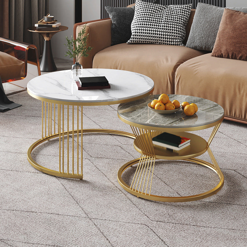 Round White Slate Coffee Table with Shelf Frame Base 2 Nestling Cocktail Table