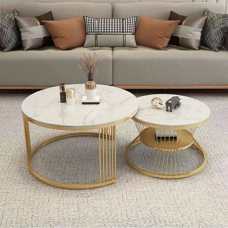 Round White Slate Coffee Table with Shelf Frame Base 2 Nestling Cocktail Table