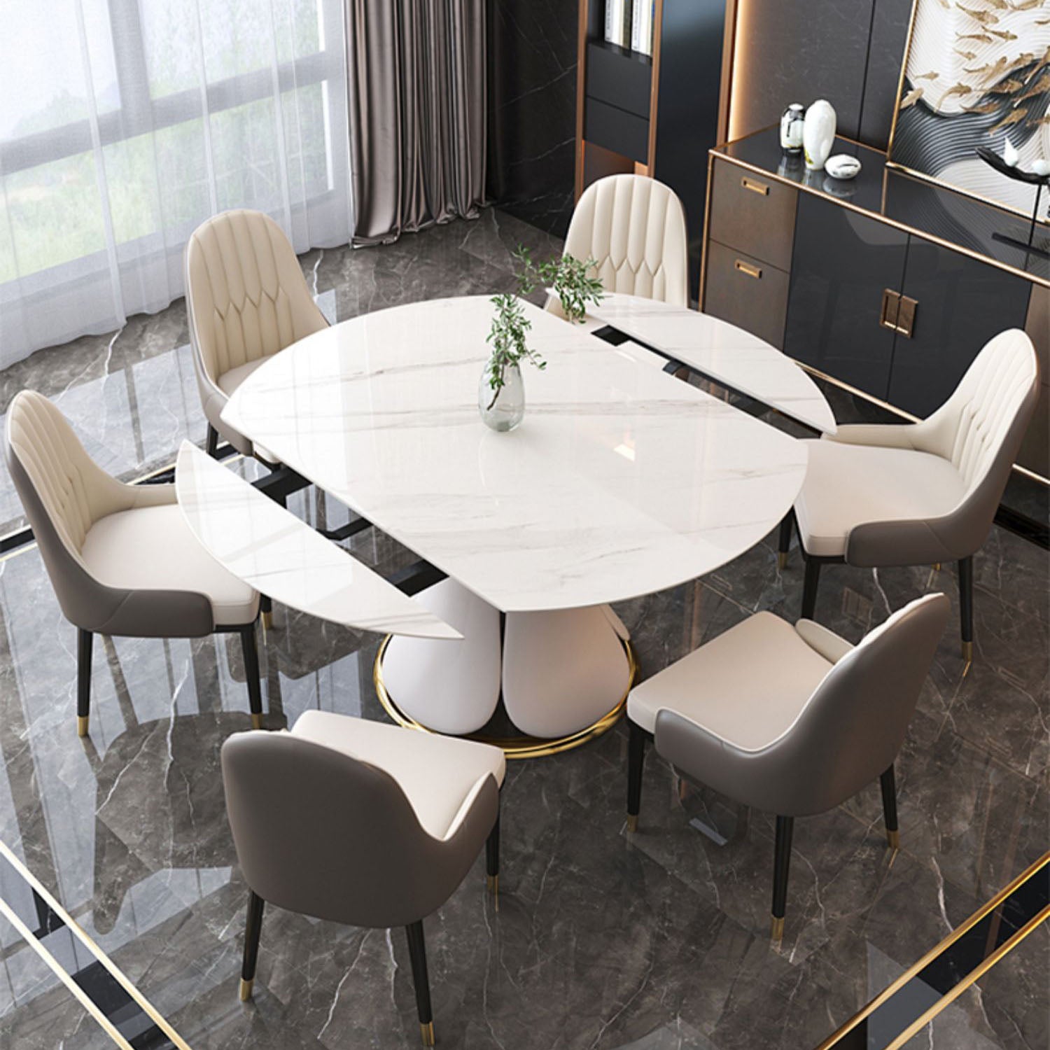 Glam Leather Dinette Set 1/2/5/7 Pieces Scalable Dining Table Set with Sintered Stone Top