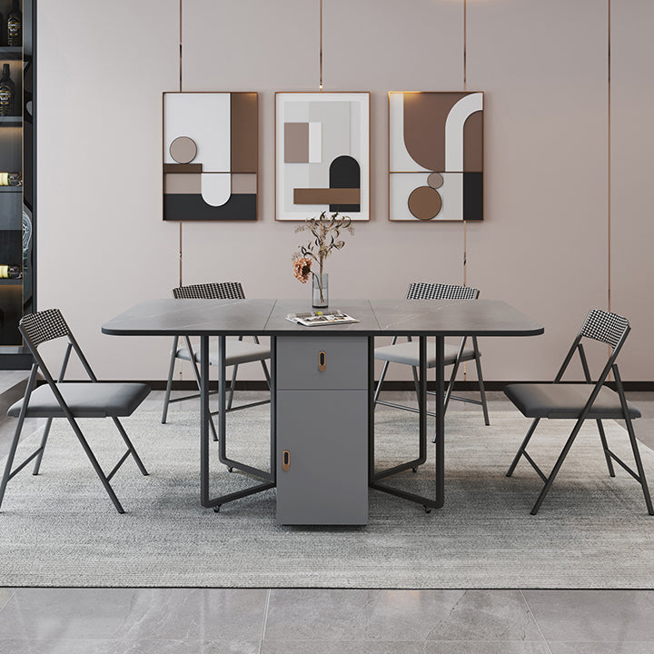 Metal Base Modern Rectangular Table Sintered Stone Top Table with Drop Leaf