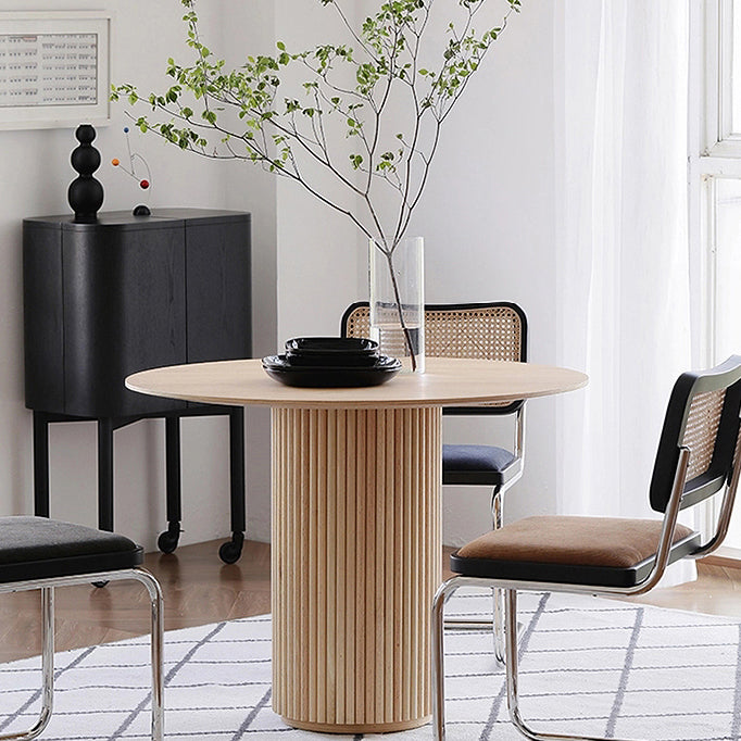 Round Pedestal Modern Dining Table Wood Color Fixed Table with Solid Wood