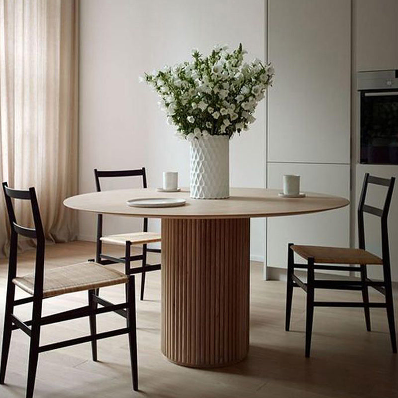 Round Pedestal Modern Dining Table Wood Color Fixed Table with Solid Wood
