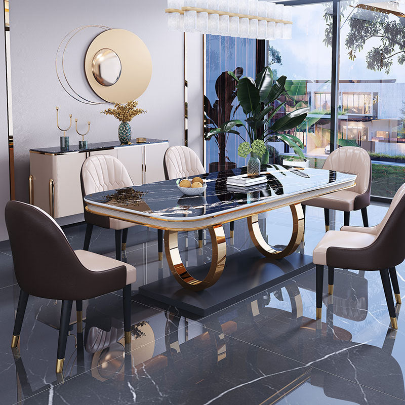 Stone Top Dining Table Traditional Luxury Table with Pedestal Base in Gold