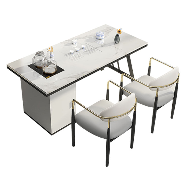 Mesa de comedor con encimera rectangular y tapa de piedra moderna con pedestal doble de metal