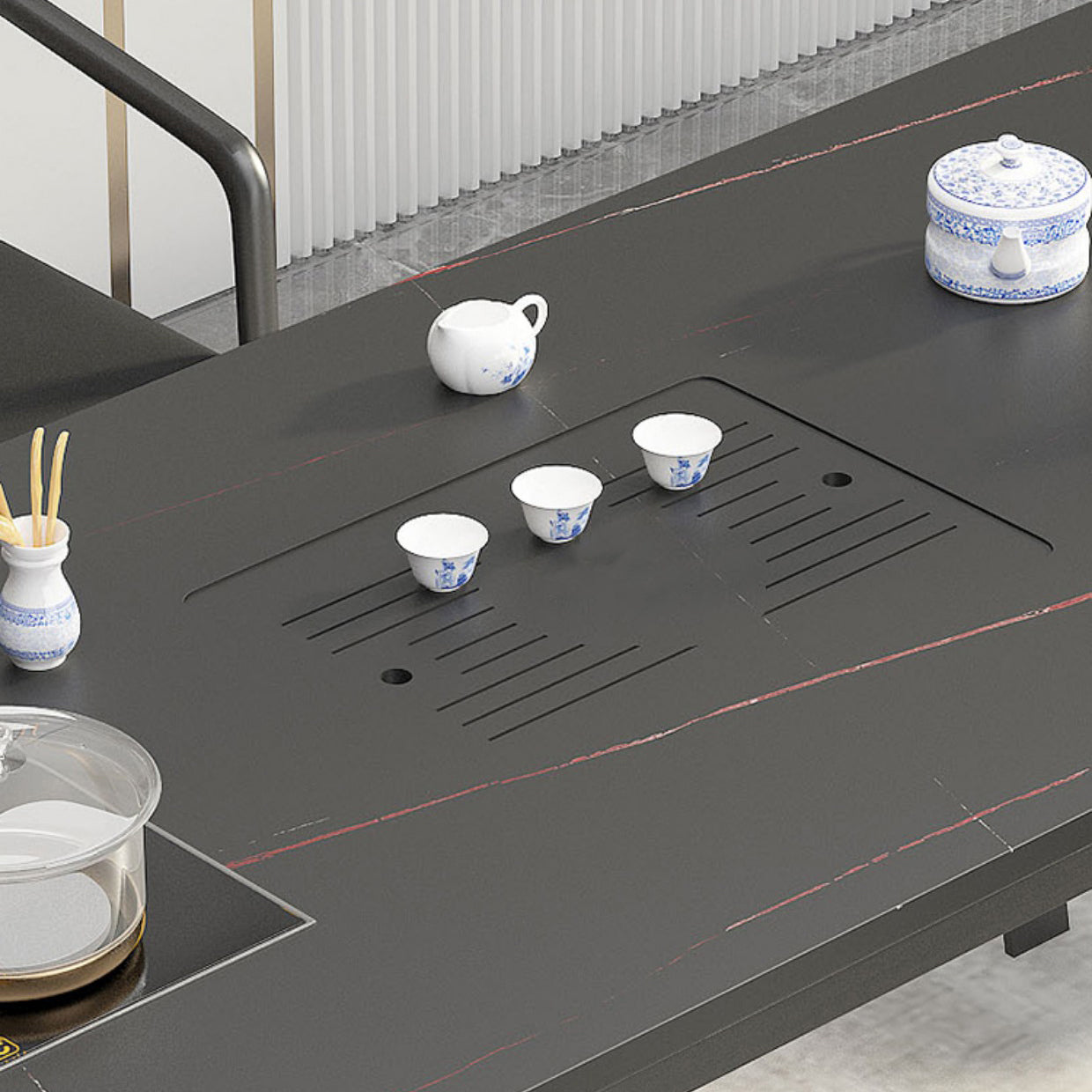 Mesa de comedor con encimera rectangular y tapa de piedra moderna con pedestal doble de metal