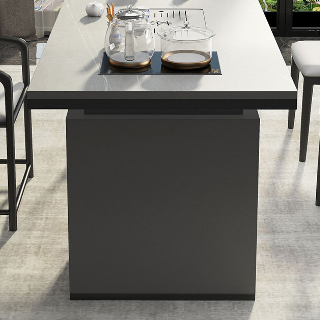Mesa de comedor con encimera rectangular y tapa de piedra moderna con pedestal doble de metal