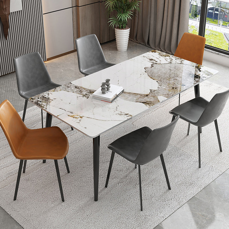 Stone Top Dining Table Rectangle Dining Table with Wood Steel Base in Black