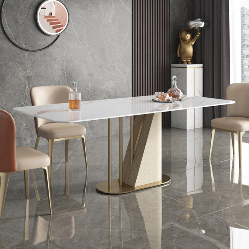 Stone Top Dining Table White Traditional Luxury Table with Pedestal Base