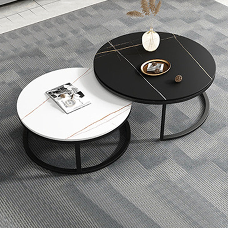 Modern Style Round Black and White Rock Slab Top Coffee Table