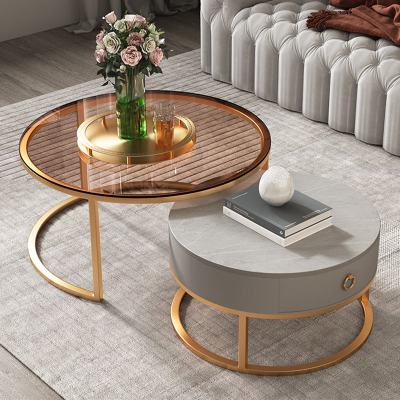 Round Brown Glass Coffee Table with Drawers Frame 2 Nesting Cocktail Table