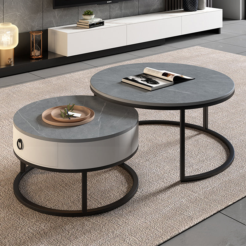 Round Brown Glass Coffee Table with Drawers Frame 2 Nesting Cocktail Table
